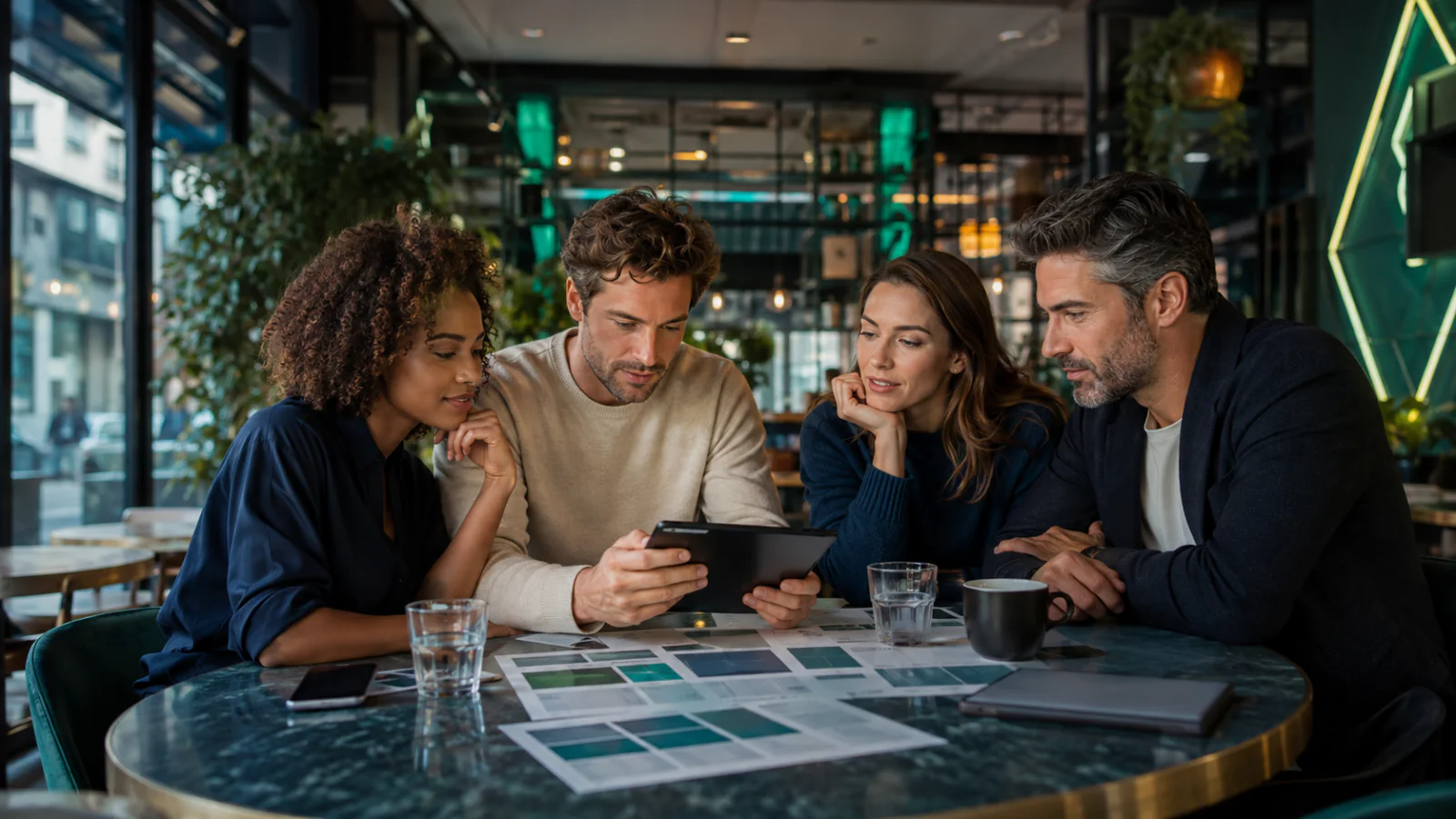 Adultes comparant des produits CBD et leurs documents sur une tablette